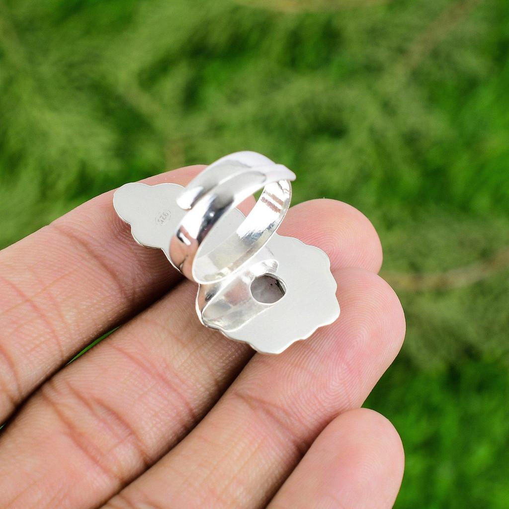 925 Silver Round Natural Rainbow Moonstone Sister Flower Crown Chakra Boho Ring