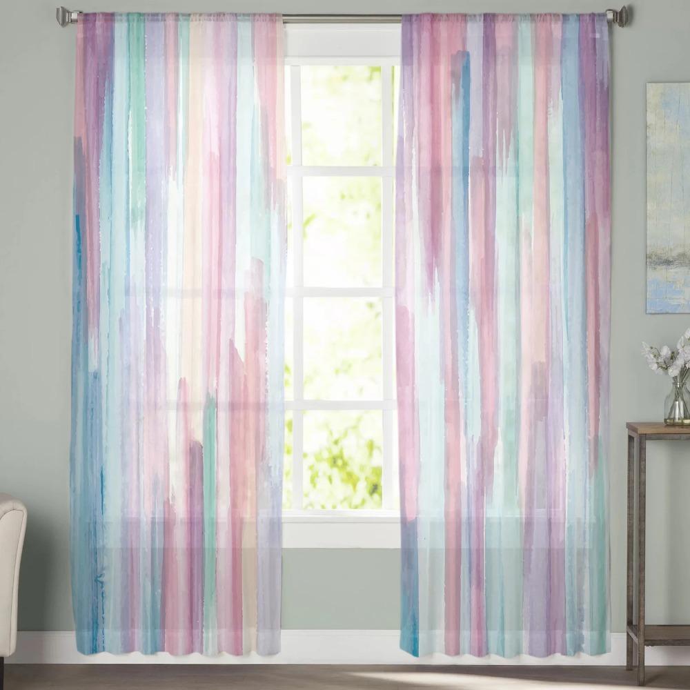 Rainbow Stripes Contemporary Curtains For Living Room Clear Tulle Curtains Window Translucent For The Bedroom Space Accessories Decor