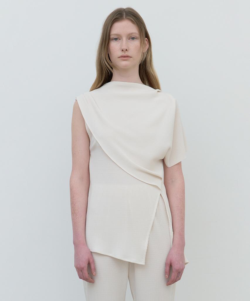 AFTERGLOWOOL Draped Shawl Pleated Blouse_Ivory