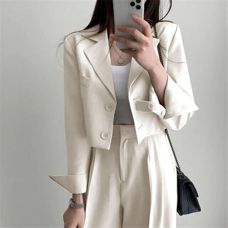 Ladies Short Suit Suit Casual Loose Jacket Coat High Waisted Wide Leg Pants Set