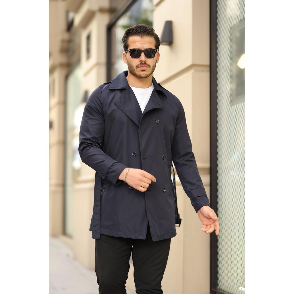 Мужской черный водо- и ветрозащитный плащ с поясом, верхнее пальто