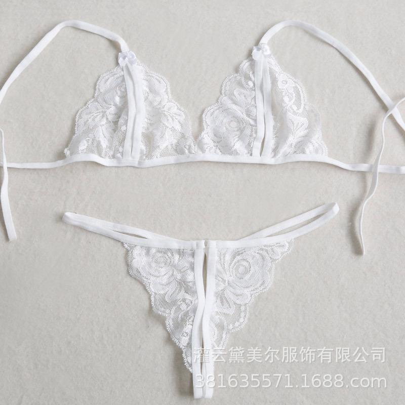 Сексуальный женский кружевной бюстгальтер с тремя точками соблазнения, открытое эротическое нижнее белье, прозрачный комплект стрингов большого размера со шнуровкой