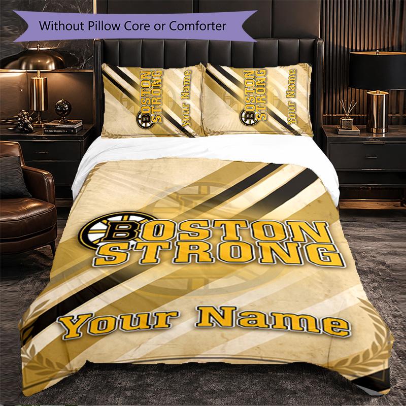 Boston Bruins Customized Name Text Bedding Set, 1 Duvet Cover & 2 Pillowcases Personalized Bedroom Gift
