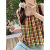 Ретро-швы контрастного цвета клетчатый жилет летний милый женский верх с широкими плечами и небольшими подтяжками женский свободный короткий топ