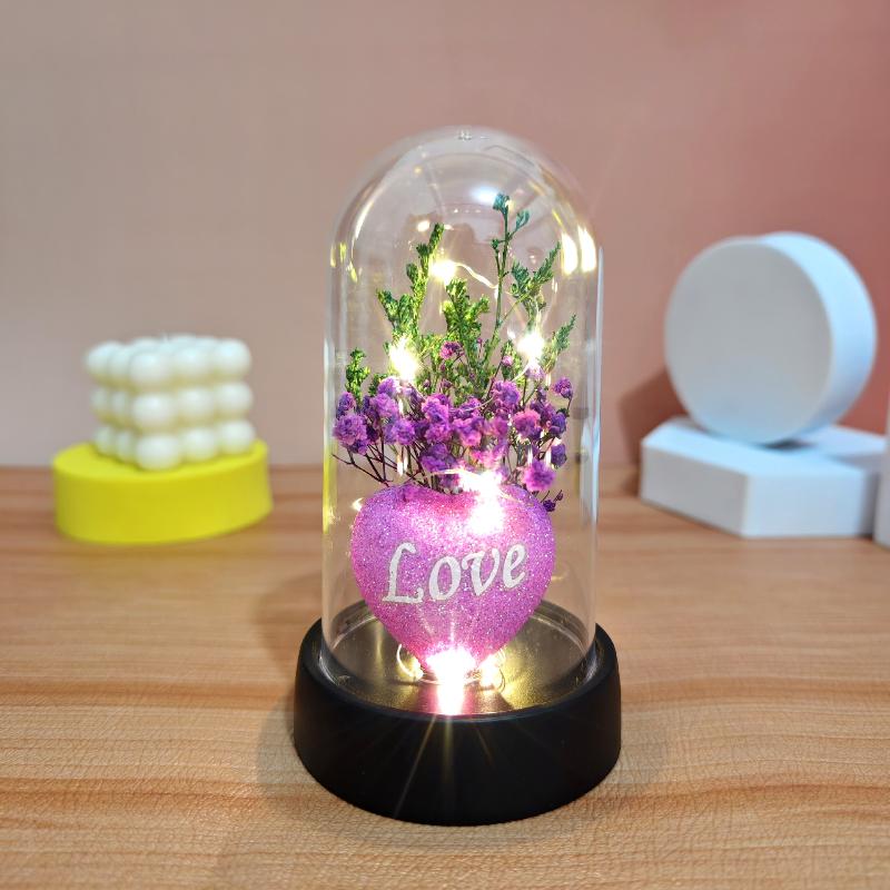 1 Piece Valentine's Day Gift Gypsophila Love Heart Flower Bouquet With Lamp Night Light Acrylic Cover Home Decoration Crafts