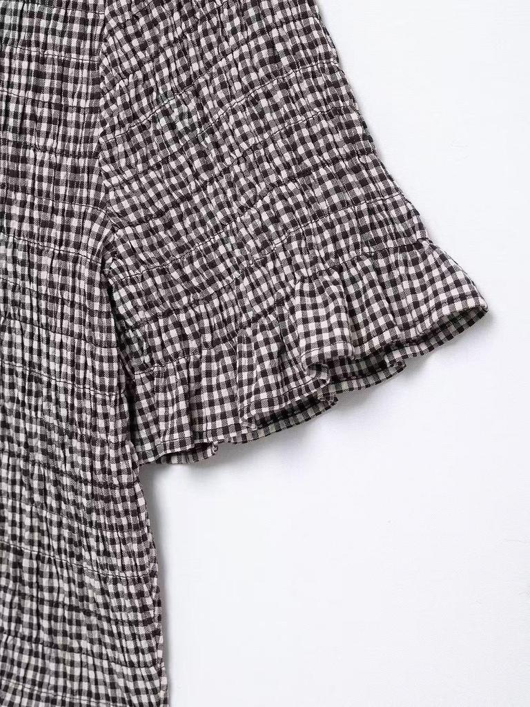 Spring 2025 Women's Plaid Short Sleeve Turn-Down Collar Shirt - European & American Style Fashion