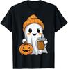 Halloween Ghost with Funny Iced Coffee Pumpkin Orange Beanie Gift Unisex T-Shirt