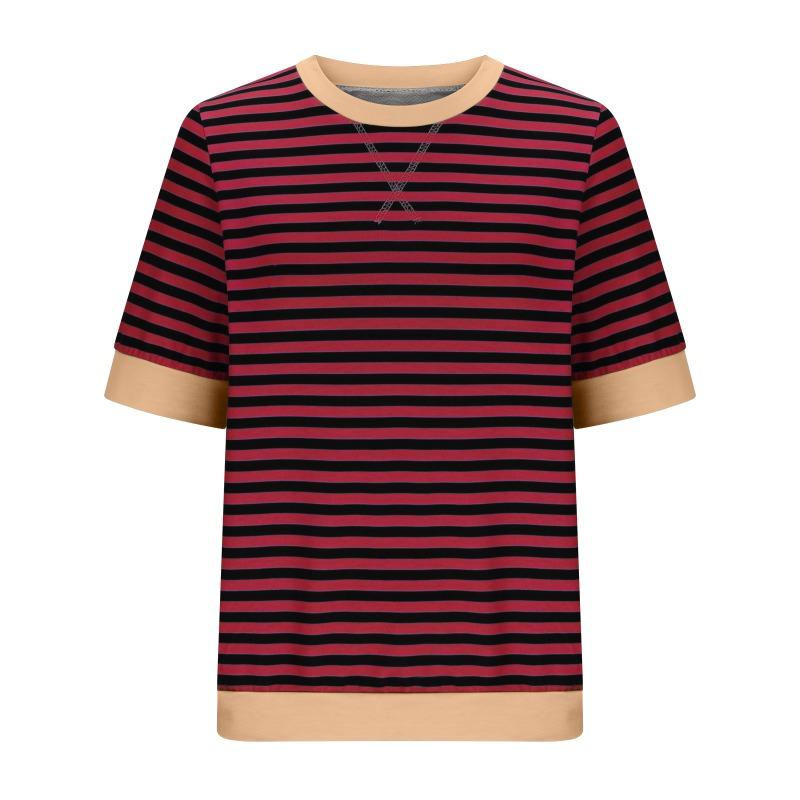 VEZFAA Женские модные повседневные летние весенние блузки и рубашки с круглым вырезом и короткими рукавами с полосатым принтом