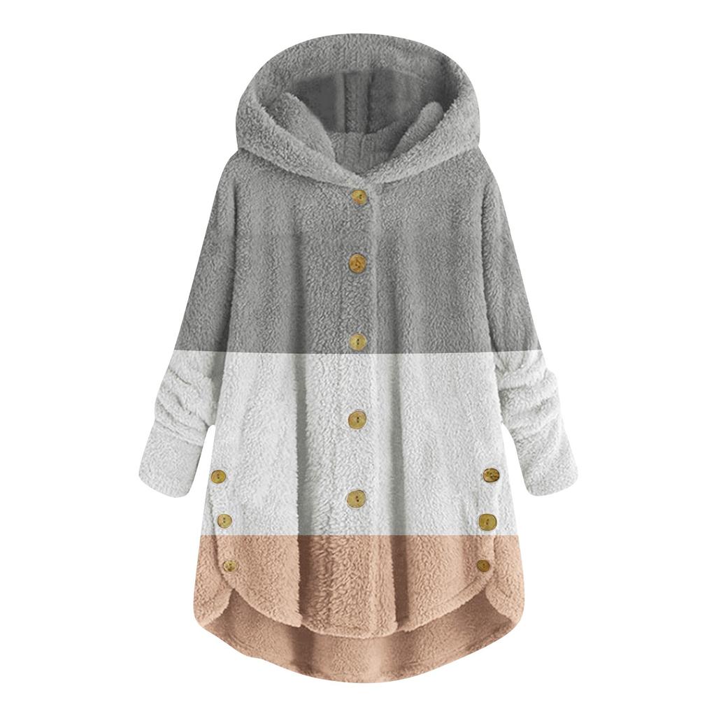 Women Plus Size Button Plush Tops Hooded Patchwork Loose Cardigan Wool Coat Winter Jacket