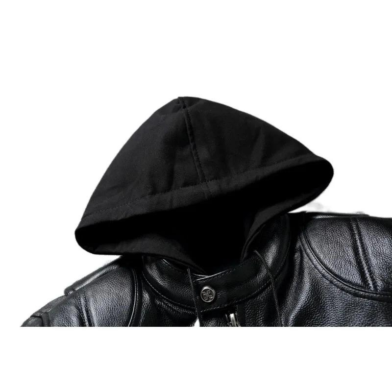 Китайский размер Тяжелая мотоциклетная куртка Club Biker Coat Настоящая коровья кожаная куртка для мужчин Съемный капюшон для верховой езды Мужская кожаная куртка