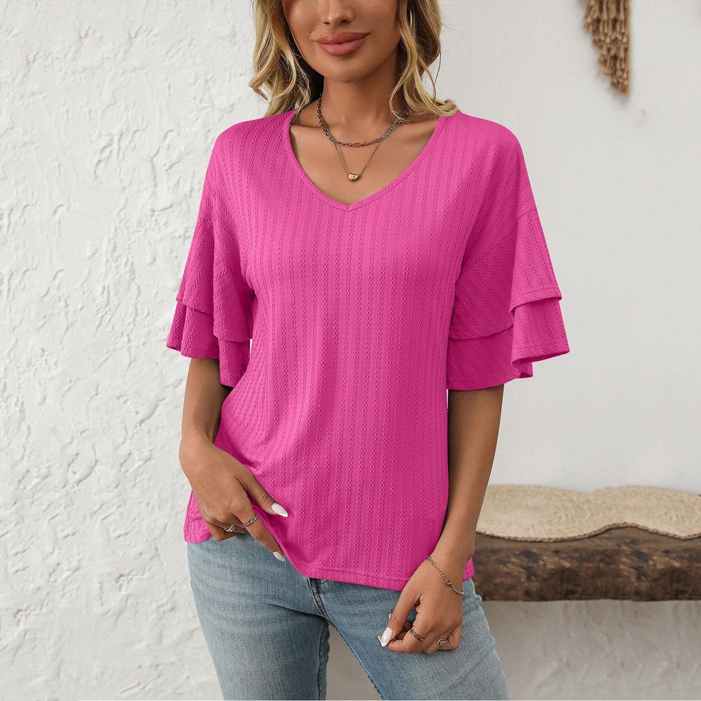 Women's Fashion Solid Color V-Neck Ruffle Sleeve Short Sleeve T-Shirt Top
