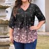 Женская модная блузка большого размера с принтом, V-образным вырезом и рукавом три четверти