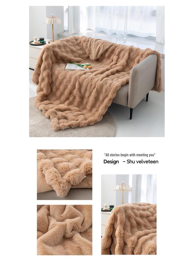 Tuscany Bubble Rabbit Fur Flannel Nap Blanket - Cozy Four-Season Coral Fleece Cover