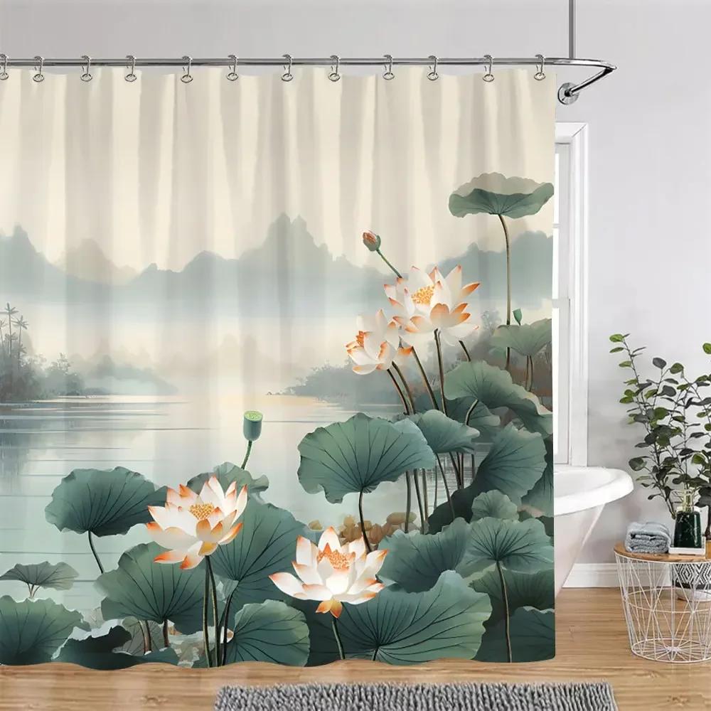 Elegant Lotus Pond Shower Curtain - Traditional Chinese Landscape Design for Modern Bathroom Décor, Waterproof & Easy Care