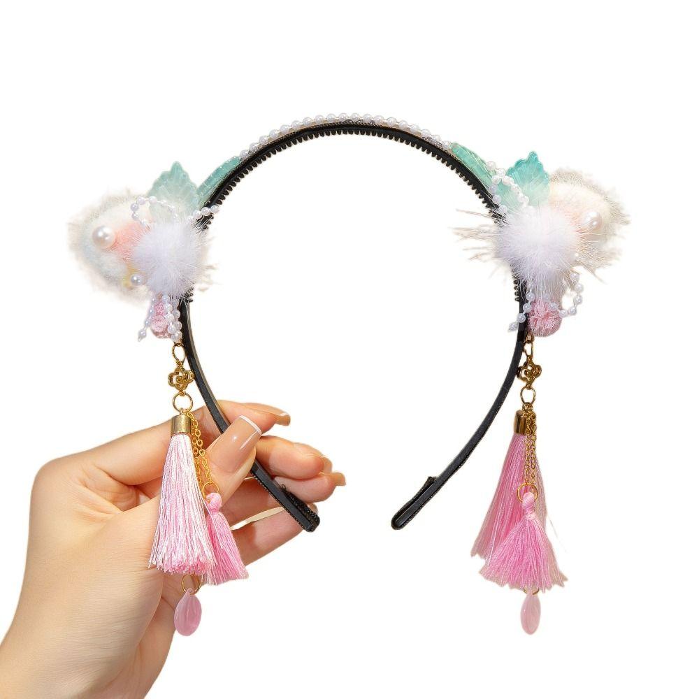 Красный парик ханьфу, повязка на голову с жемчугом, новогодний головной убор, традиционная повязка на голову с цветочной кисточкой для детей