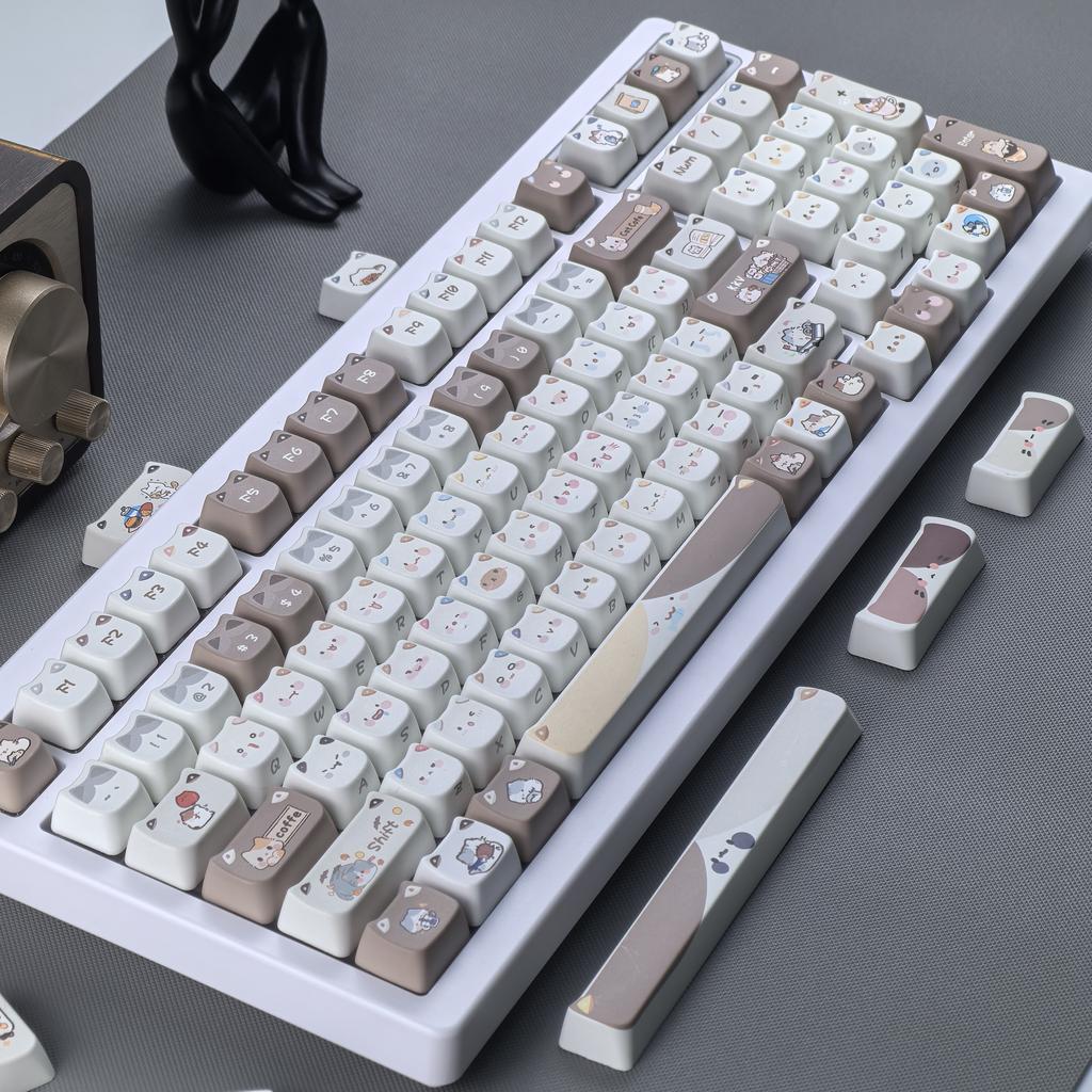 MAIMOOO Mao Cat Keycap Siamese Cat Brown Keycaps PBT Dye-Sublimated 140-Keys Cute Aulaf75 DIY White Keyboard Keycap