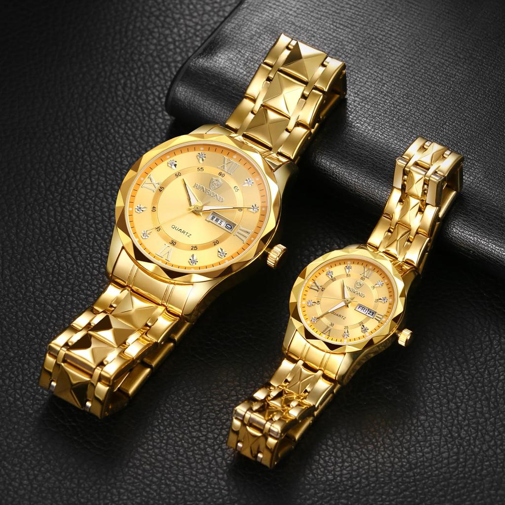 Simple Pair Watch Luminous Index Calendar Analog Display Waterproof Stainless Steel Adjustable Length Quartz Watch Fashion Watch Gold Day Present