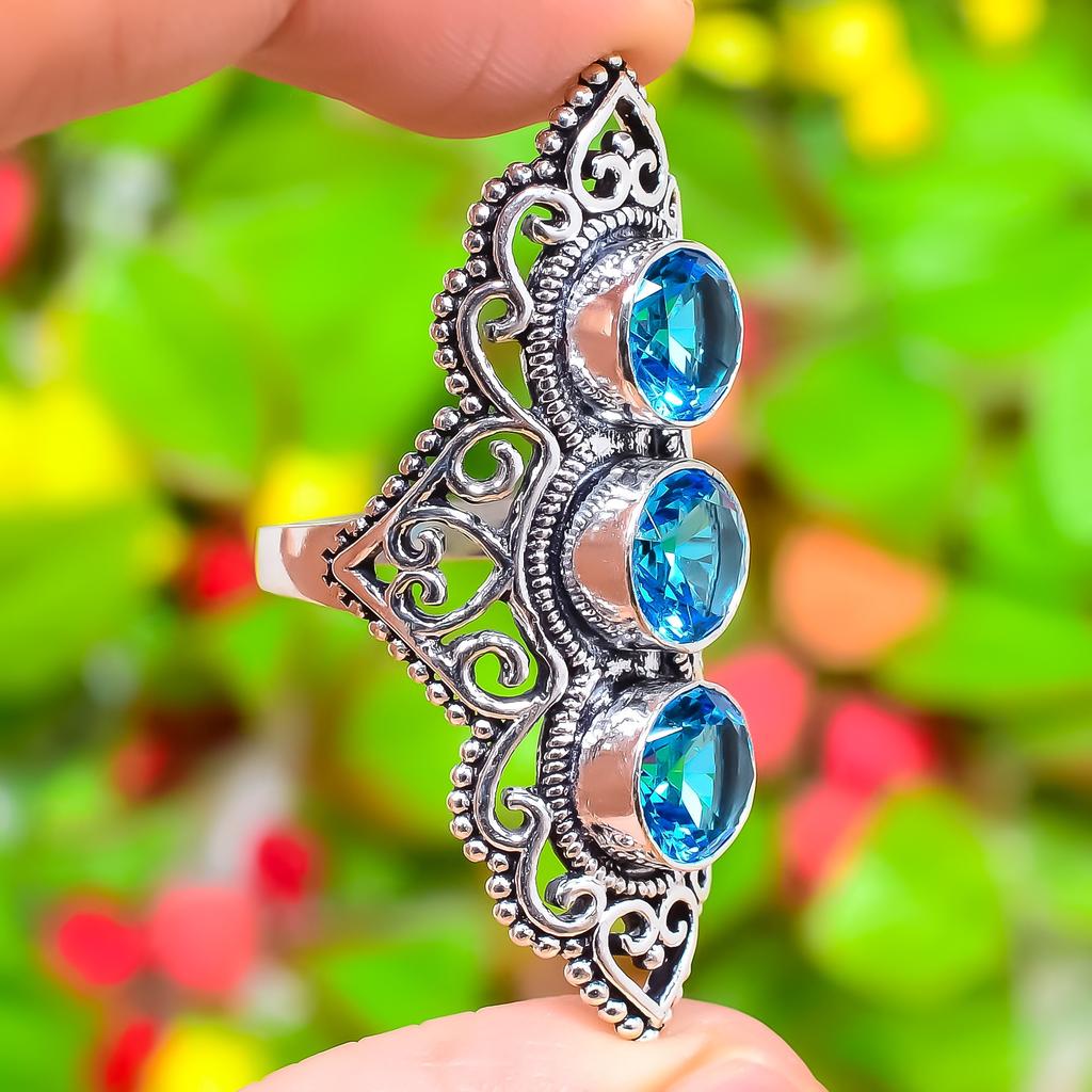 Swiss Blue Topaz Gemstone 925 Sterling Silver Gift Jewelry Ring Size 10.5