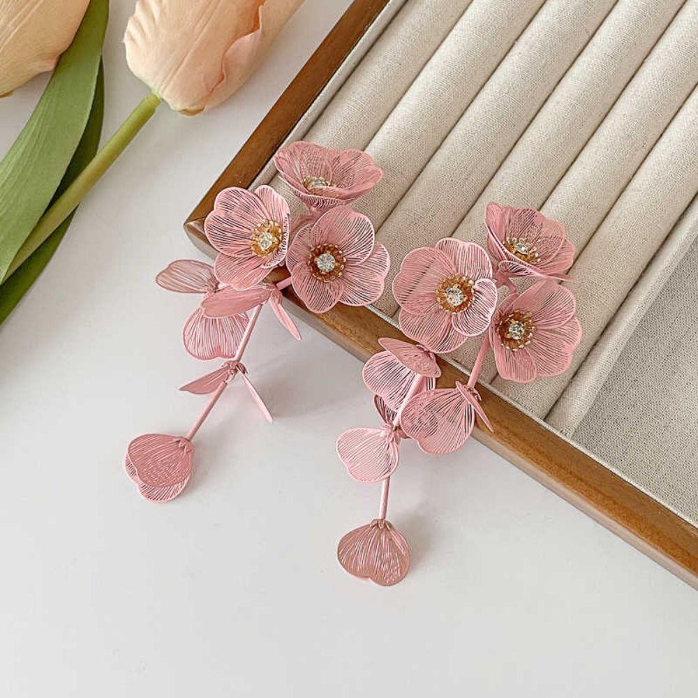 Temperament Women Earrings Light Luxury Stud Earrings Korean Big Flower Long Tassel Earrings Party
