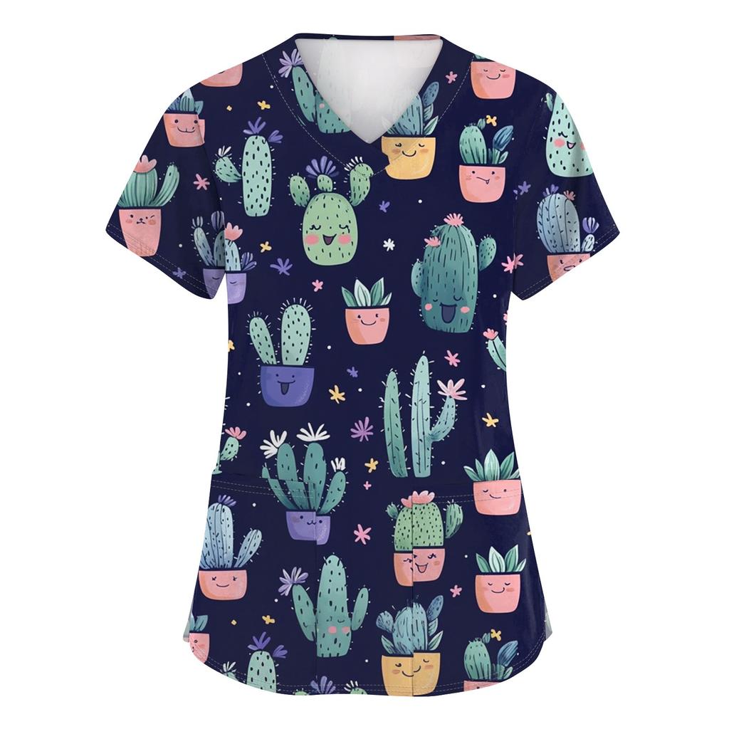 Женская модная футболка с короткими рукавами и v-образным вырезом с принтом, маленькая рабочая футболка с карманами