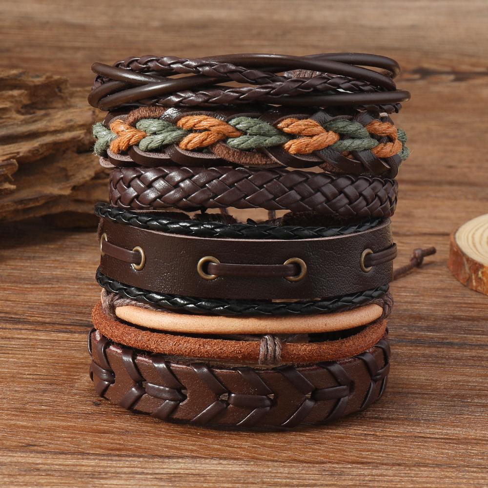 6Pcs Leather Bracelet Retro Punk Jewelry Set Adjustable Fashionable Leather Woven Rope Bracelet