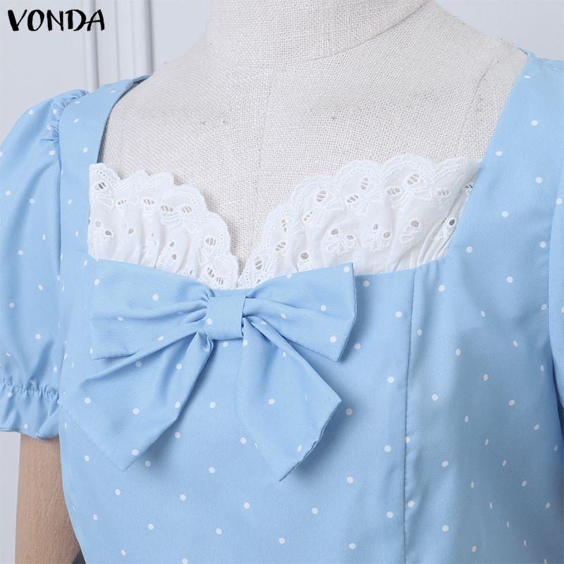 VONDA Женское повседневное мини-платье с квадратным вырезом, короткими рукавами-буфами, бантом и принтом в горошек