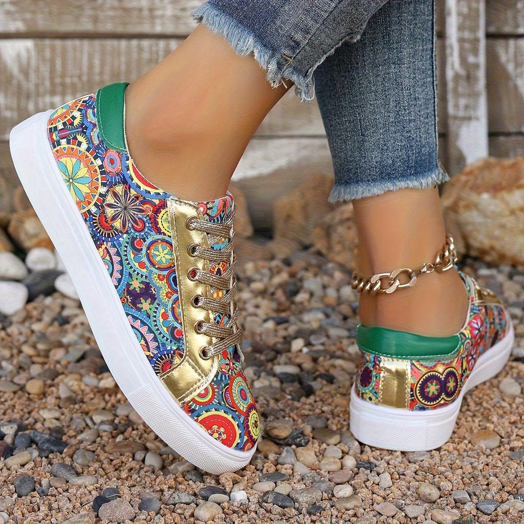 2025 Spring New Arrival Plus Size Women's Flat Casual Shoes Floral Ethnic Style Lace-Up Front Lightweight Shoes