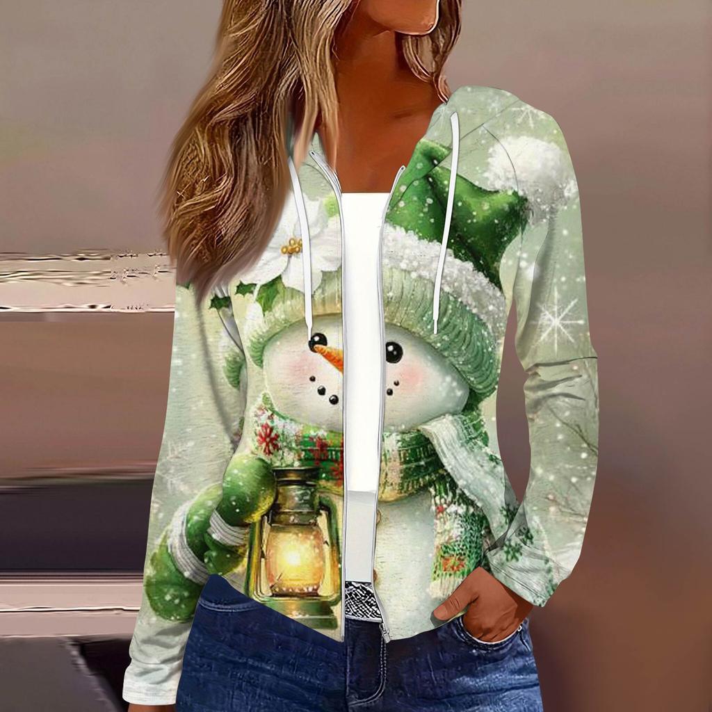 Женская модная повседневная куртка с капюшоном на молнии с рождественским принтом и длинными рукавами