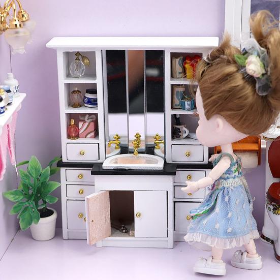 Mini Bathroom Cabinet 1:12 Miniature Bathroom Furniture Cabinet Model with Sink Drawers Doll Accessories for Kids Pretend Play