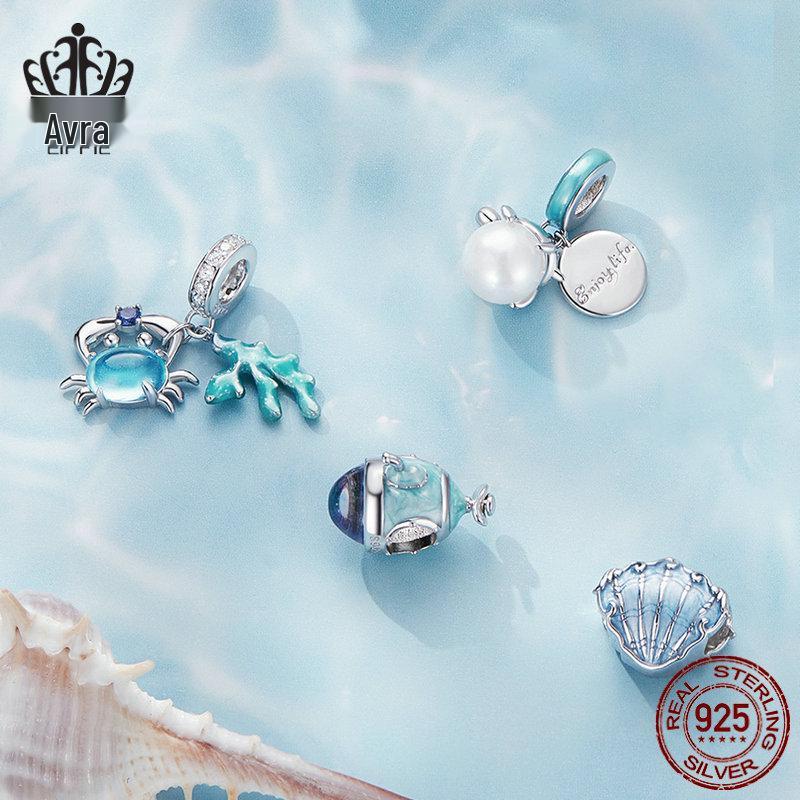 Браслет-шарм из стерлингового серебра 925 пробы Everle с подвесками в виде морских существ: подводной лодки, черепахи и краба