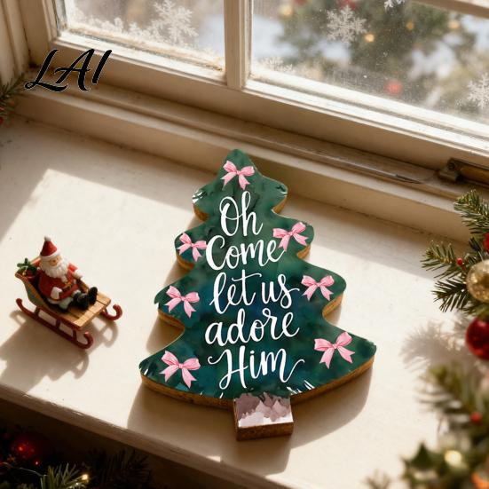 Christmas Desk Centerpiece Colorful Tree Tabletop Decor Wooden Plaid Patterned Xmas Signs with Gift for Friends Merry Greetings Farmhouse