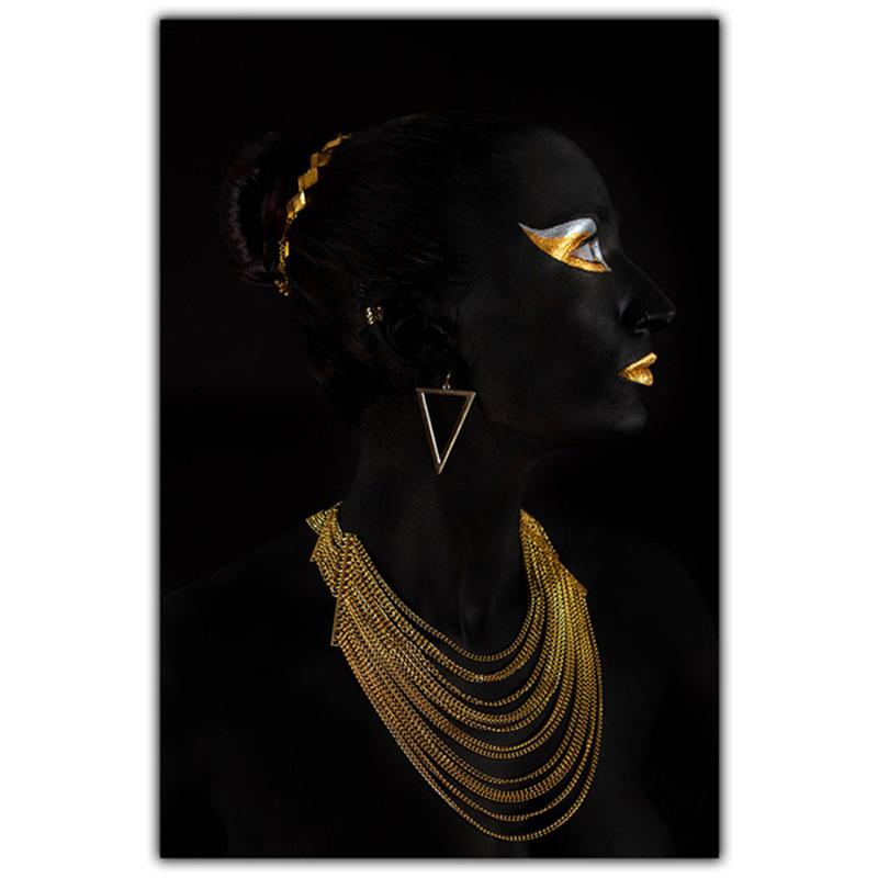 Gold Necklace African Woman Canvas Painting Figure Art Posters and Prints Black Women Wall Art Pictures for Living Room Decor
