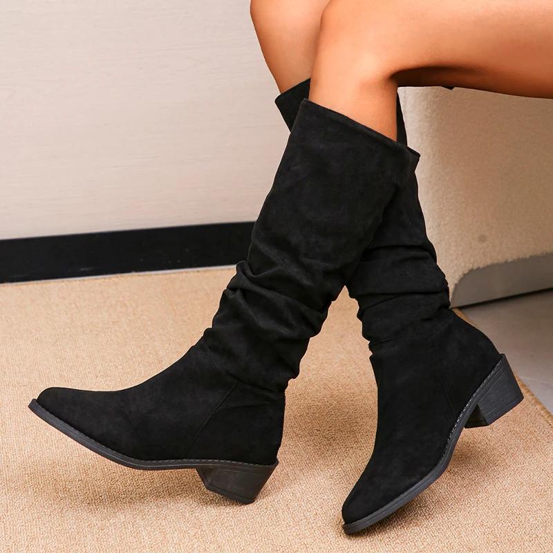 Женские замшевые леопардовые высокие сапоги на среднем каблуке, высокие сапоги до колена, женская тенденция 2025 года, зимняя мода, готика, снежные ретро-сапоги для мотоциклистов, Mujer