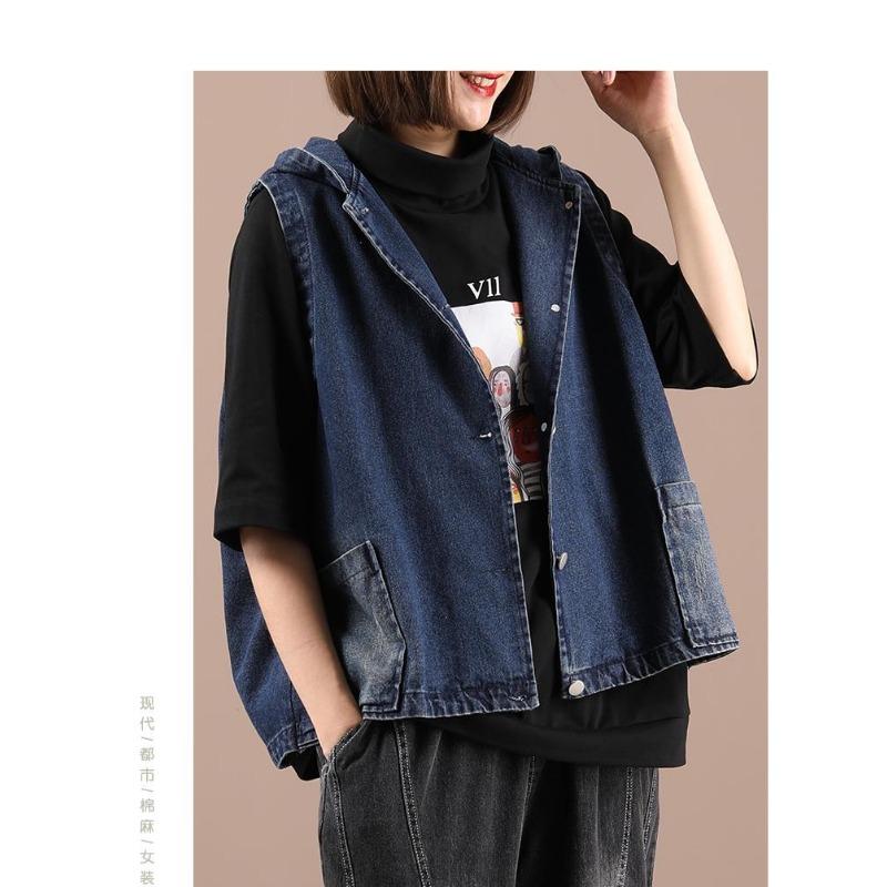 Printed Hooded Denim Vest Women's Loose Oversized Jacket Loose Casual Short Top New Fashion Autumn