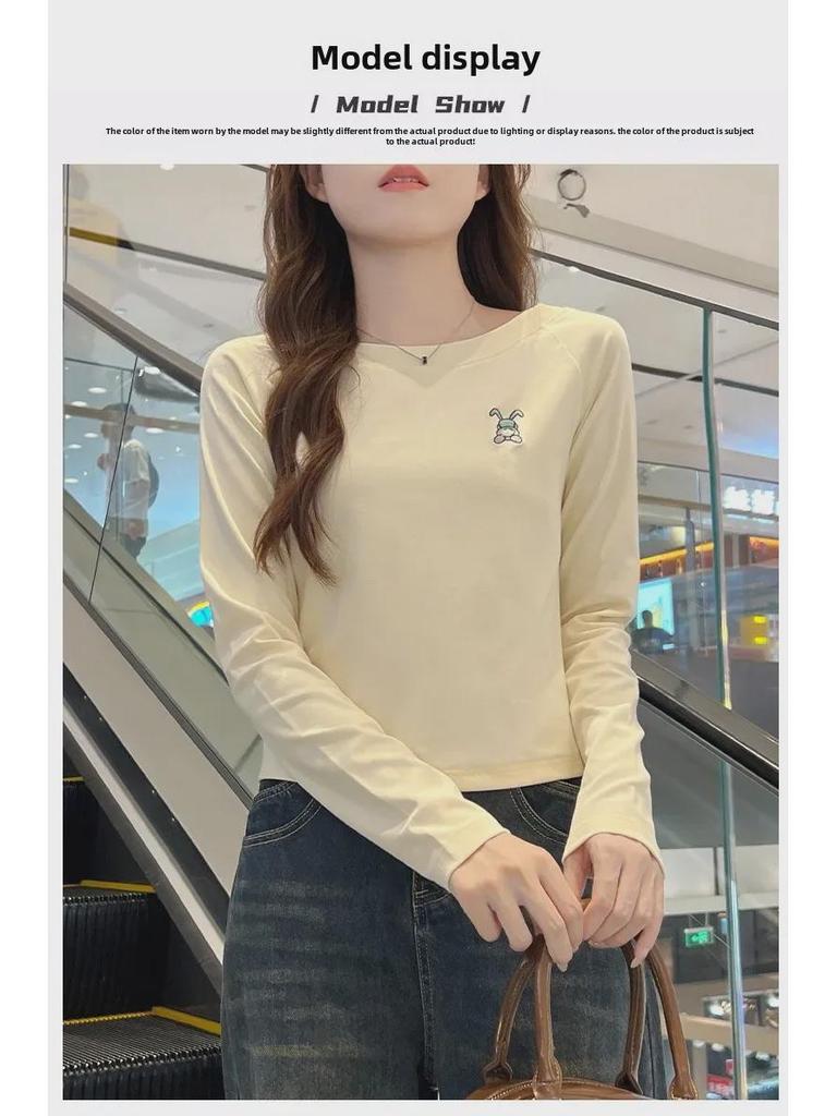 Женский топ из хлопка с длинными рукавами и круглым вырезом, осень 2024 года, вышитый