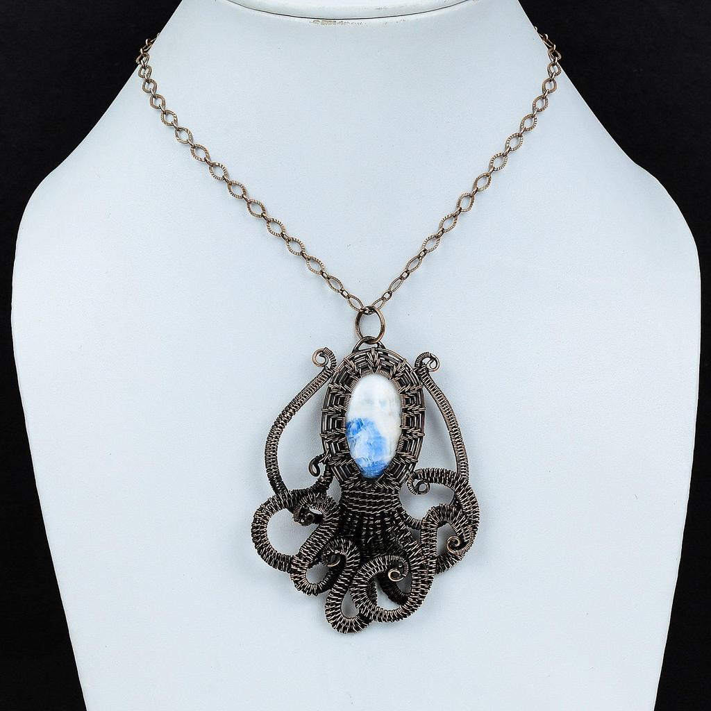 Blue Scheelite Gemstone Pendant Copper Wire Wrapped Pendant Handmade Jewelry Amazing Octopus Pendant Copper Wire Wrap Jewelry Gift For Women