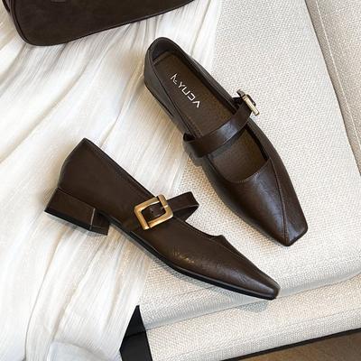 С поздней весной и осенью французские толстые каблуки, вечерний ветер однословные туфли-лодочки с мелким вырезом, корейская версия новых 2025 ретро квадратный носок sm