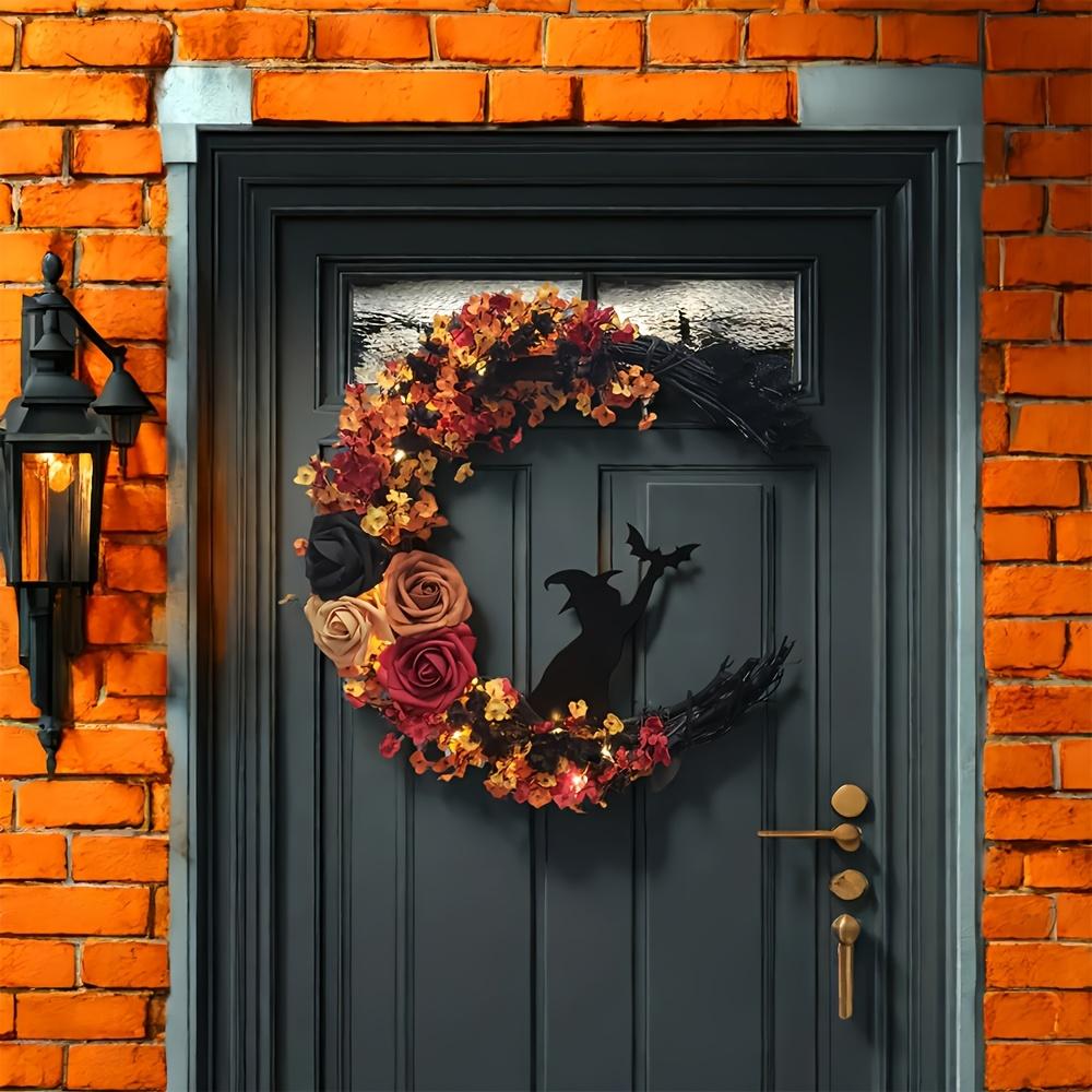 1pc Gothic Halloween Wreath - Witch Cat Moon Silhouette with Autumn Leaves & Roses, Halloween Decorations, Moonlit Night Theme