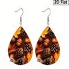Autumn Thanksgiving/Christmas Gift Leather Women's Fashion Drop Earrings, Brown/Green Leaves Pinecone Patterned Design PU Earrings Jewelry for  Wear