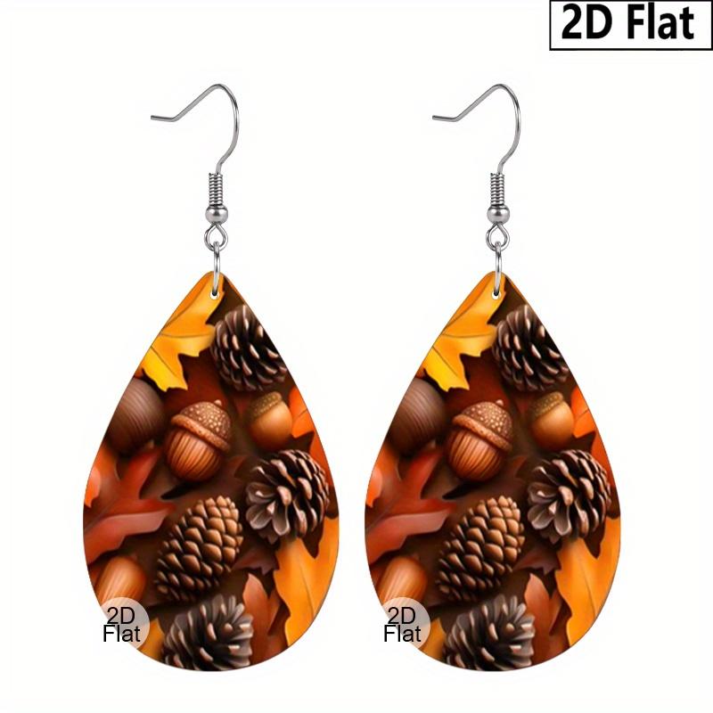 Autumn Thanksgiving/Christmas Gift Leather Women's Fashion Drop Earrings, Brown/Green Leaves Pinecone Patterned Design PU Earrings Jewelry for Wear