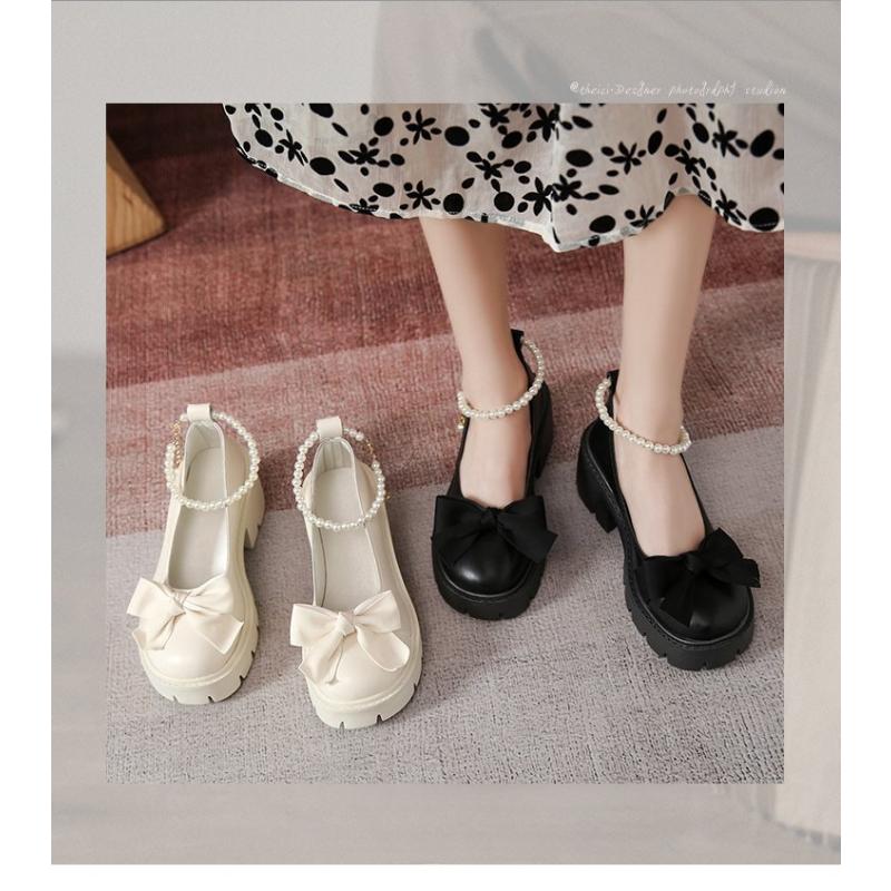 Кожаные туфли, женские туфли Мэри Джейн на толстом французском толстом каблуке с жемчужным бантом и одинарной обувью