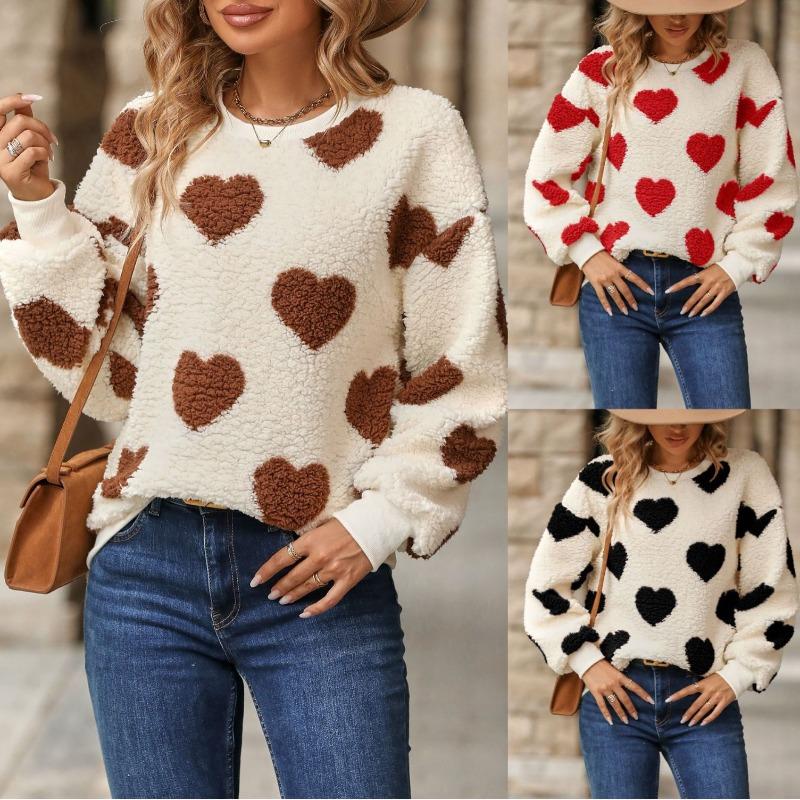 Women's Love Print Loose Long-sleeved Velvet Sweater Casual Round Neck Pullover Hoodie Sweaters Tops