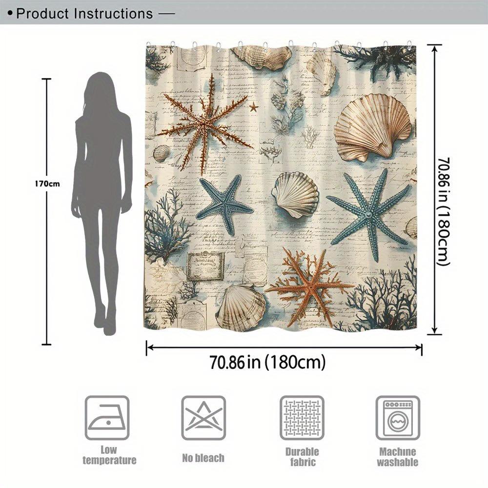 Seashell & Starfish Curtain - Cream Texture, Blue Coral, 70In, 12 Hooks, Coastal Bath