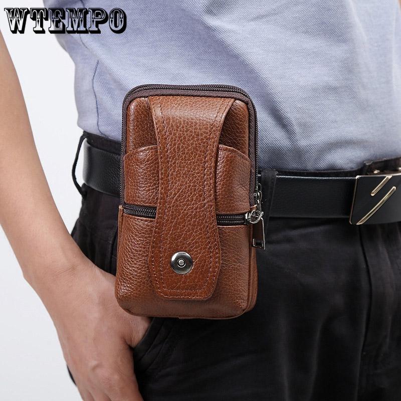 WTEMPO 3 Layer Leather Men's Mobile Phone Waist Bag Men's Multifunctional Waist Belt Crossbody Hanging Bag Outdoor Sports Leather Bag