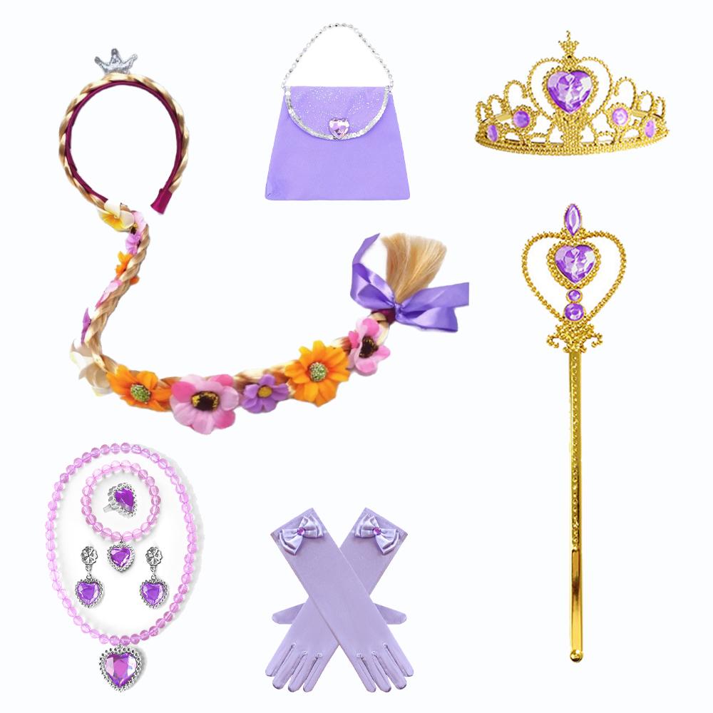 Girls Princess Rapunzel Cosplay Headwear Children Purple Carnival Cos Flowers Headband Long Braided Floral Wig Birthday Gift