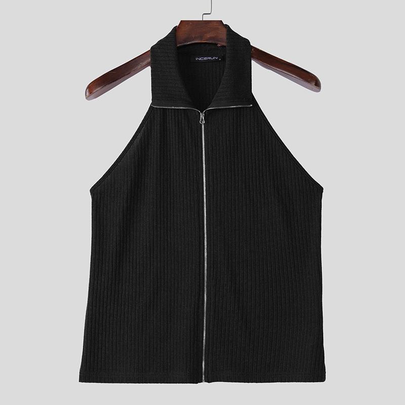 INCERUN Summer Men Sleeveless Zipper Rib Tank Tops T-shirts