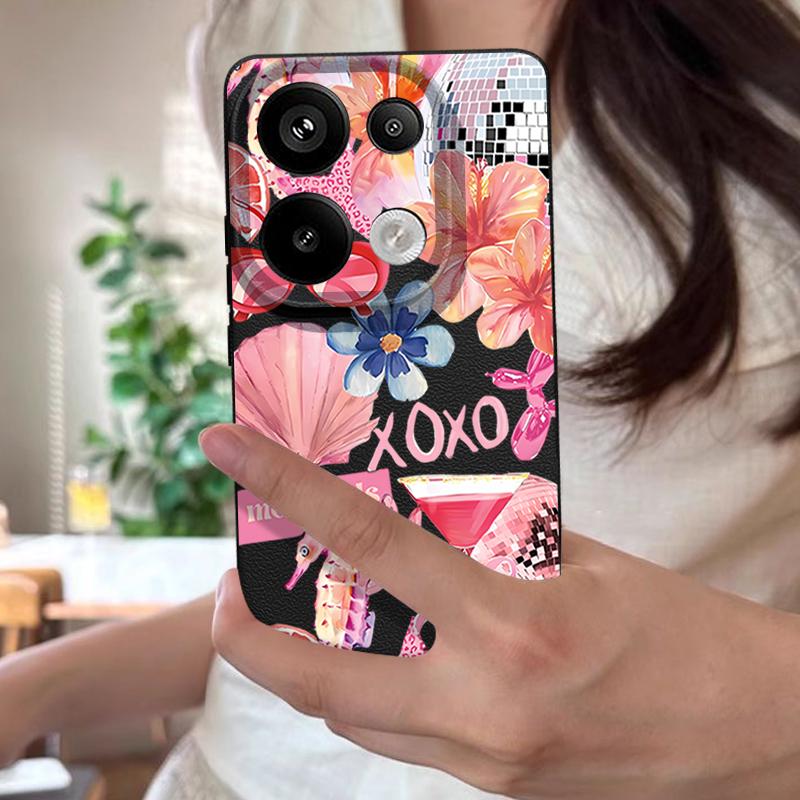 Розовый Чехол с Мультяшным Цветочным Рисунком для Xiaomi Redmi Note 14 13 Pro 5G 4G 12 11 Funda Xiaomi 14T 13T 11T Pro Силиконовая Крышка с Текстурой Кожи
