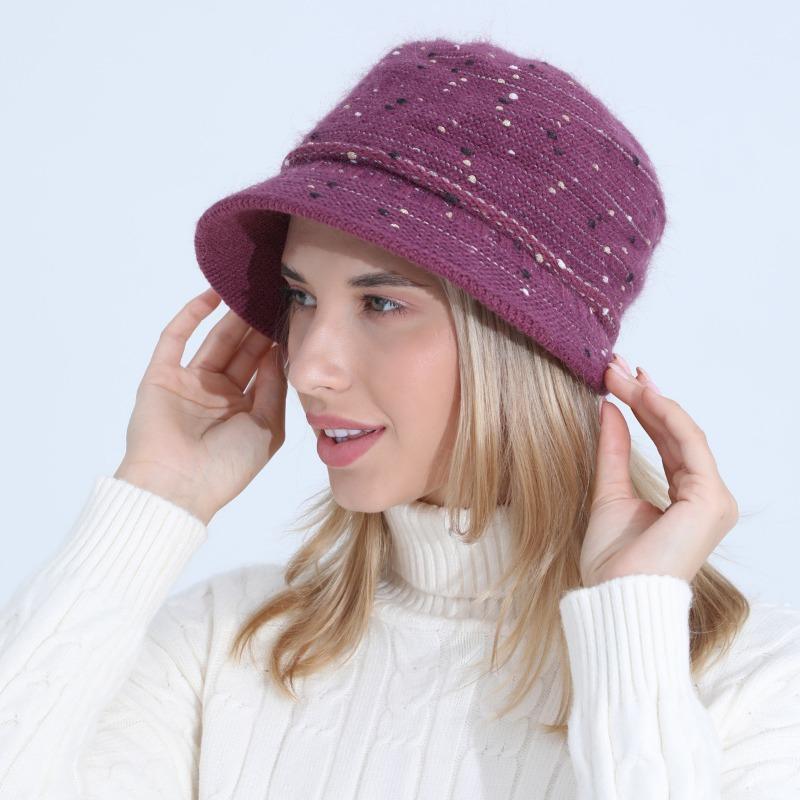 Knitted Hat Women Autumn Winter Mixed Color Fashionable Mom Rabbit Yarn Basin Hat with Thick Velvet Insulation Hats & Caps