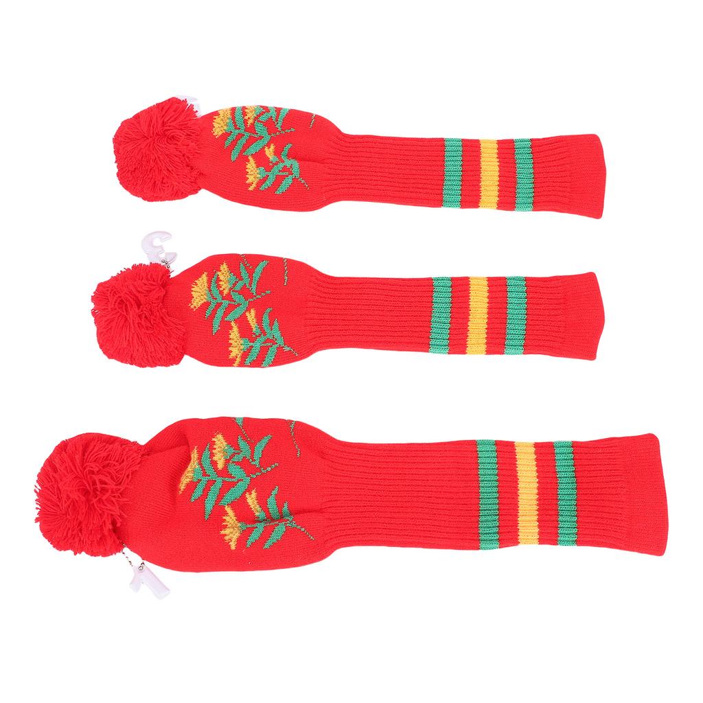 3pcs Knitted Club Head Covers Set with Long Neck Pom Pom Decoration Soft Club Head Protector Snug Fit Red