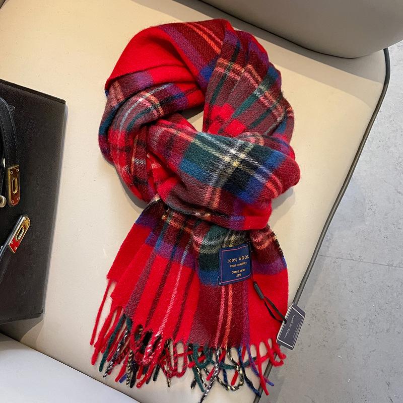 100 Pure Wool Scarf Women's Retro Plaid Red Men's and Women's Couple's Autumn and Winter Warm Scarf